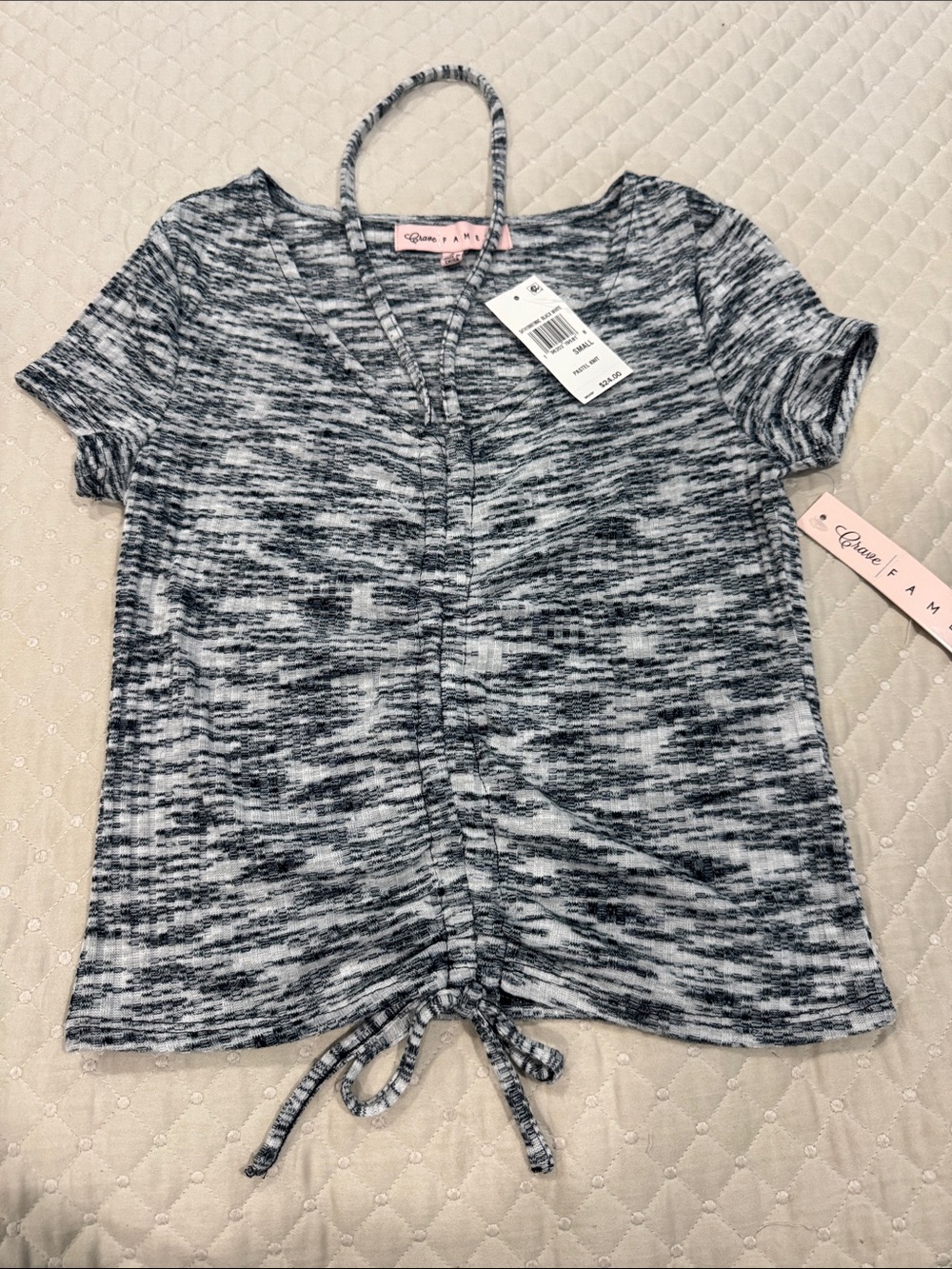 Crave Fame Black & White Heathered V-Neck Short Sleeve Top with Front Tie